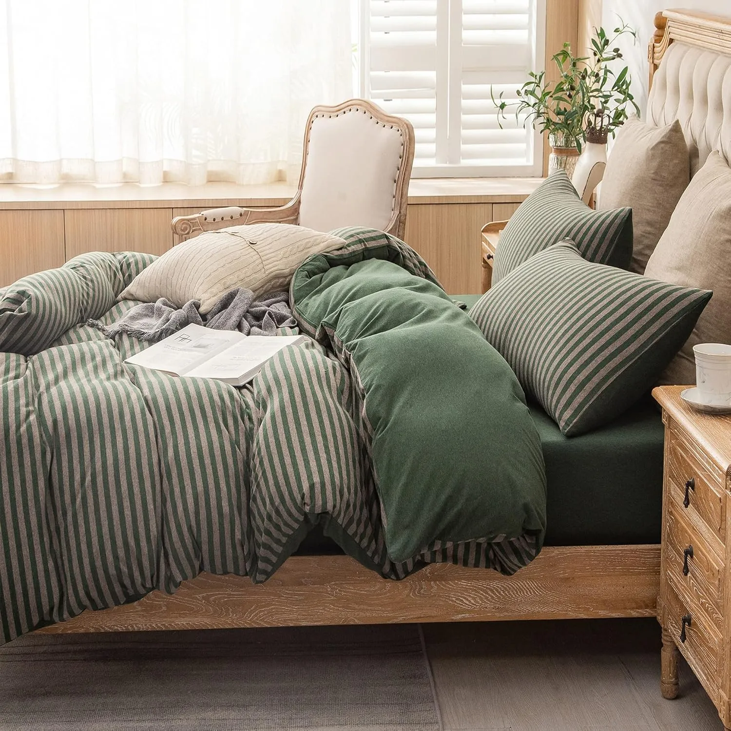 PURE ERA Jersey Knit Duvet Cover Set 100% T-Shirt Heather Cotton Super Soft Comfy Classic Striped Design, with Zipper Closure, Forest Green Stripe, Queen