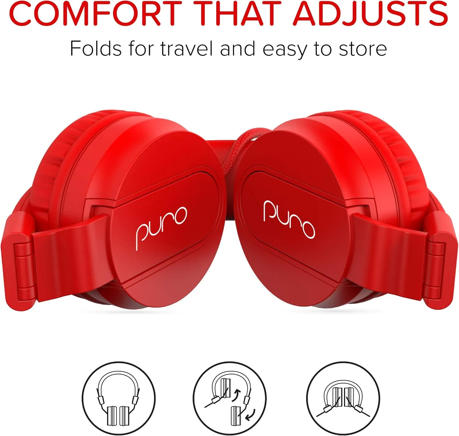 Puro Sound Labs PuroBasic Volume Limiting Wired Headphones for Kids, Foldable & Adjustable Headband w/Microphone, Compatible with Smartphones, Tablets and PC’s –Red