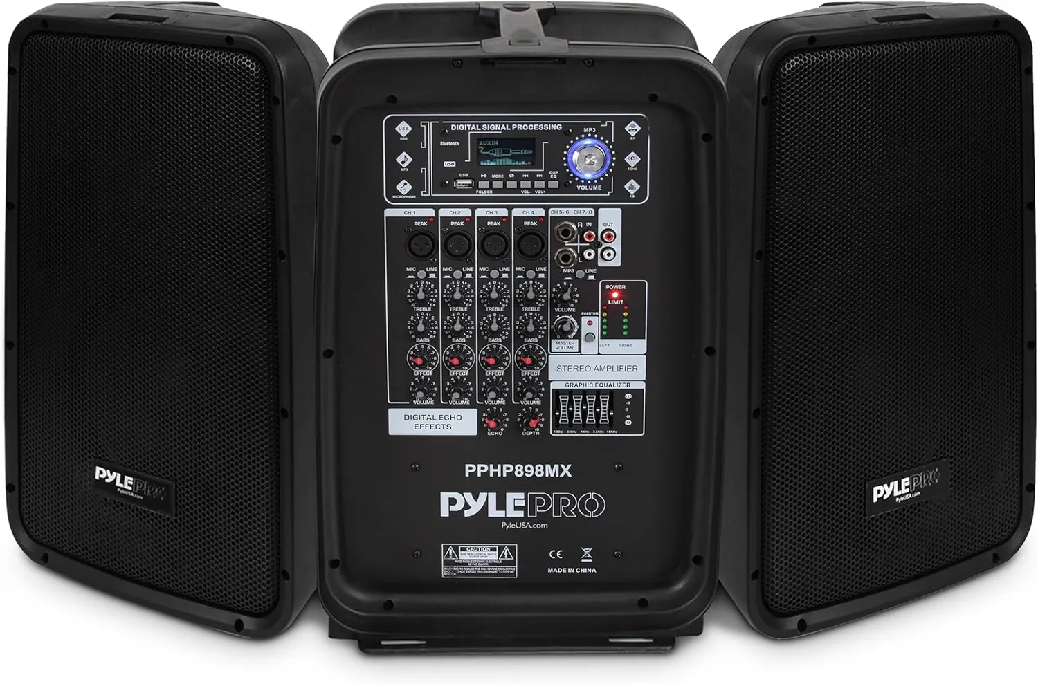 Pyle 600 Watt 8-Channel Portable Bluetooth Wireless PA Speaker Amplifier Kit with 8" Subwoofer and 1" Horn Tweeter, MP3, AUX - USB Xlr 1/4" RCA, Black