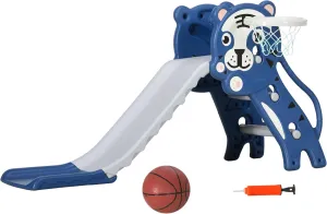 Qaba 3 in 1 Toddler Slide for Indoors, Toy for Toddler, Easy Set Up Baby Slide with Basketball Hoop for Kids 18-36 Months, Blue