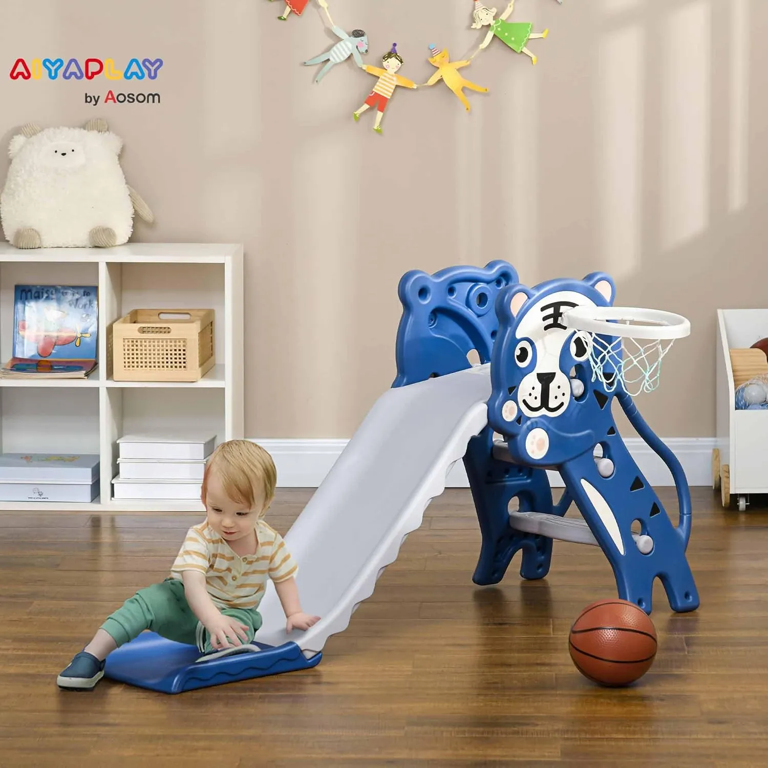 Qaba 3 in 1 Toddler Slide for Indoors, Toy for Toddler, Easy Set Up Baby Slide with Basketball Hoop for Kids 18-36 Months, Blue