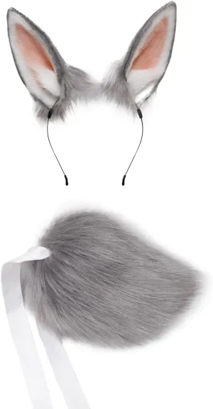 QinRuan Women's Bunny Ears Headwear Faux Fur Rabbit Ears Headbands and Tail Cosplay Party Coustume Set
