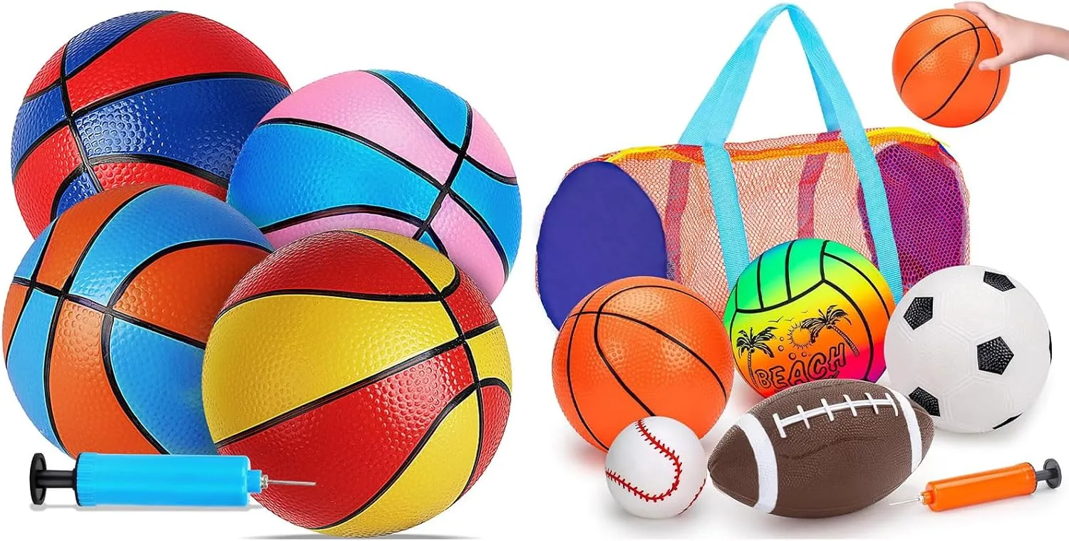 Qirptey 5 Pack Sports Balls Set ＆ 4 Packs Rubber Mini Basketballs for Kids Toddlers 3-5 5-7 Gifts