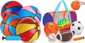Qirptey 5 Pack Sports Balls Set ＆ 4 Packs Rubber Mini Basketballs for Kids Toddlers 3-5 5-7 Gifts