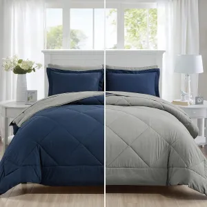 Queen Comforter Set 7 Pieces Bed in a Bag, Full/Queen Reversible Bed Set with Comforter, Flat Sheet, Fitted Sheet, Pillowcases & Shams, Navy Blue and Grey Bedding Sets for Queen Size Bed