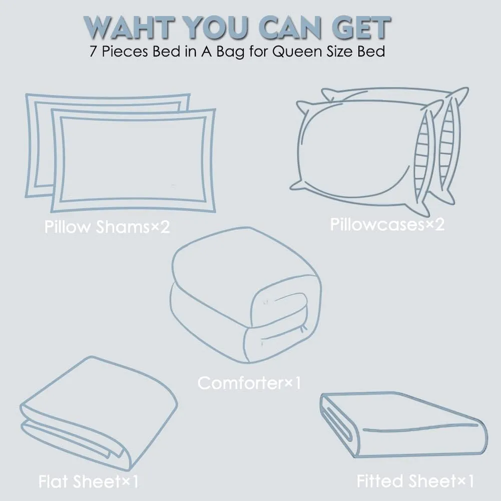 Queen Comforter Set 7 Pieces Bed in a Bag, Full/Queen Reversible Bed Set with Comforter, Flat Sheet, Fitted Sheet, Pillowcases & Shams, Navy Blue and Grey Bedding Sets for Queen Size Bed