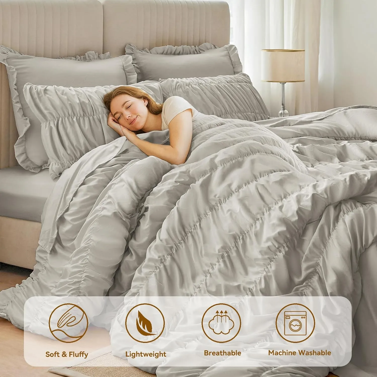 Queen Comforter Set Grey - Boho Fluffy Ruched Bedding Comforter Set with 2 Pillowcases, 3 Pieces Soft Shabby Chic Ruffle Bed Set for All Season