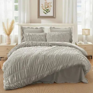 Queen Comforter Set Grey - Boho Fluffy Ruched Bedding Comforter Set with 2 Pillowcases, 3 Pieces Soft Shabby Chic Ruffle Bed Set for All Season