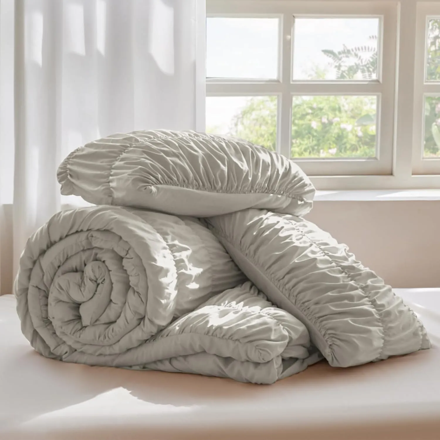 Queen Comforter Set Grey - Boho Fluffy Ruched Bedding Comforter Set with 2 Pillowcases, 3 Pieces Soft Shabby Chic Ruffle Bed Set for All Season