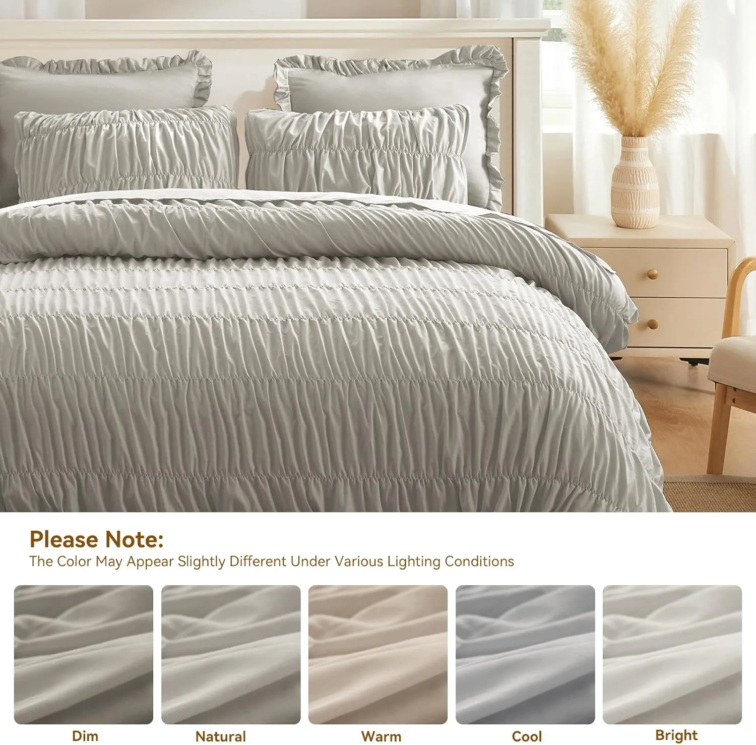 Queen Comforter Set Grey - Boho Fluffy Ruched Bedding Comforter Set with 2 Pillowcases, 3 Pieces Soft Shabby Chic Ruffle Bed Set for All Season