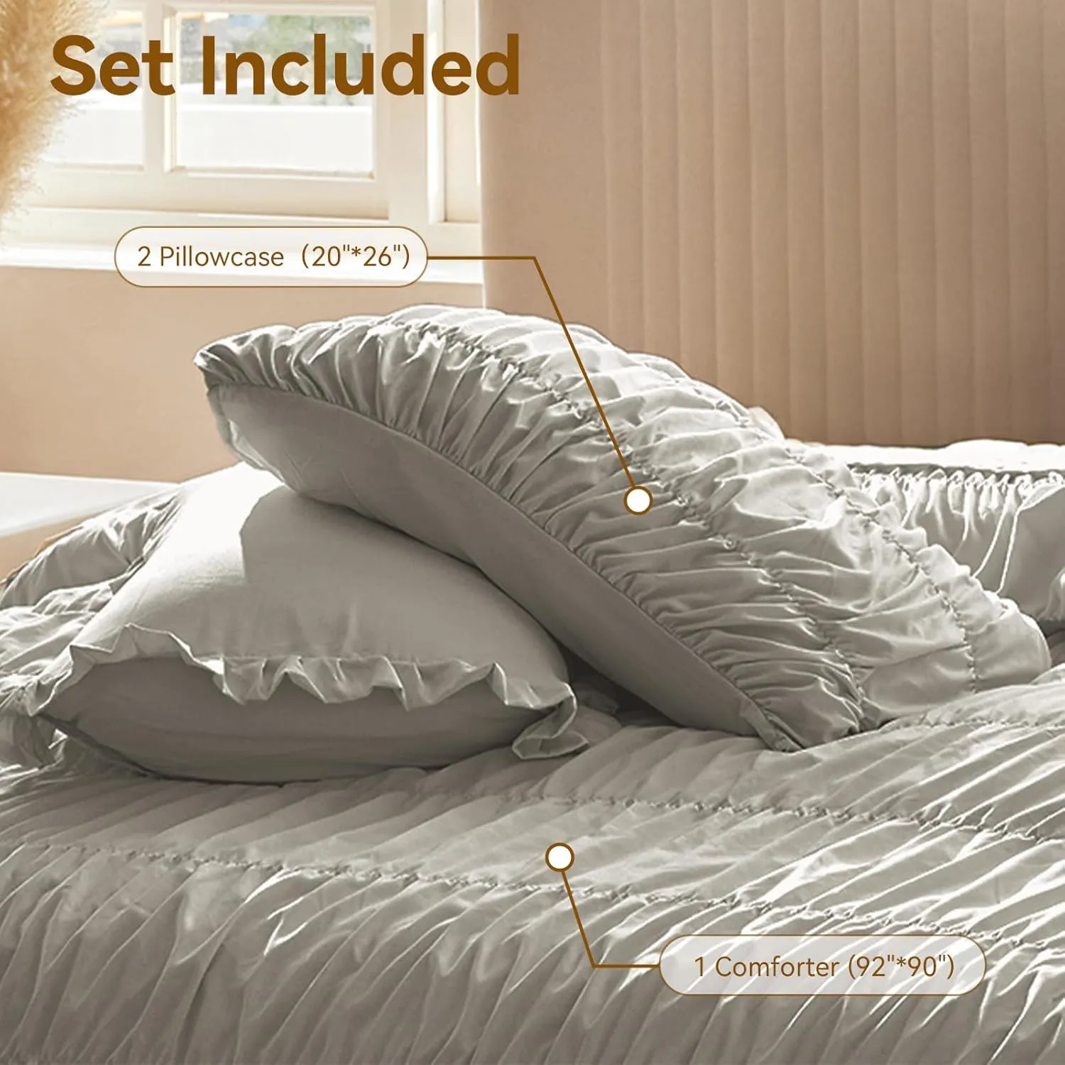 Queen Comforter Set Grey - Boho Fluffy Ruched Bedding Comforter Set with 2 Pillowcases, 3 Pieces Soft Shabby Chic Ruffle Bed Set for All Season