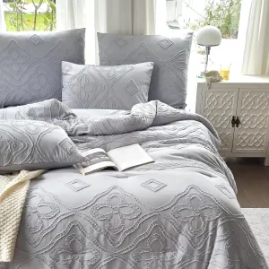 Queen Comforter Set Grey, Tufted Boho Bedding Comforters Queen Size 3 Pieces Set Farmhouse Decor, Bohemian Textured Lightweight Fluffy Queen Size Comforter Sets Bedroom Decor for All Season