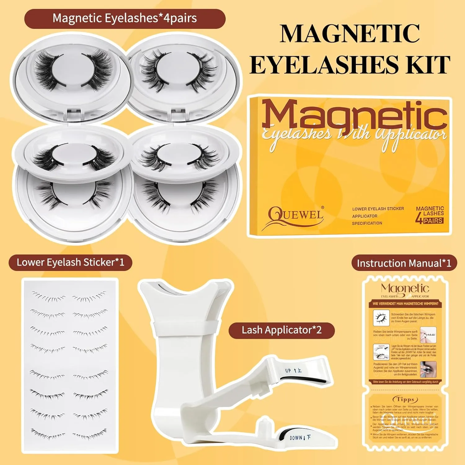 QUEWEL 4 Pairs Magnetic Eyelashes Natural Look, Reusable Magnetic Eyelashes with Applicator, No Glue Needed Lash Clusters Kit, Easy to Wear and Remove(4 Pairs-B01)