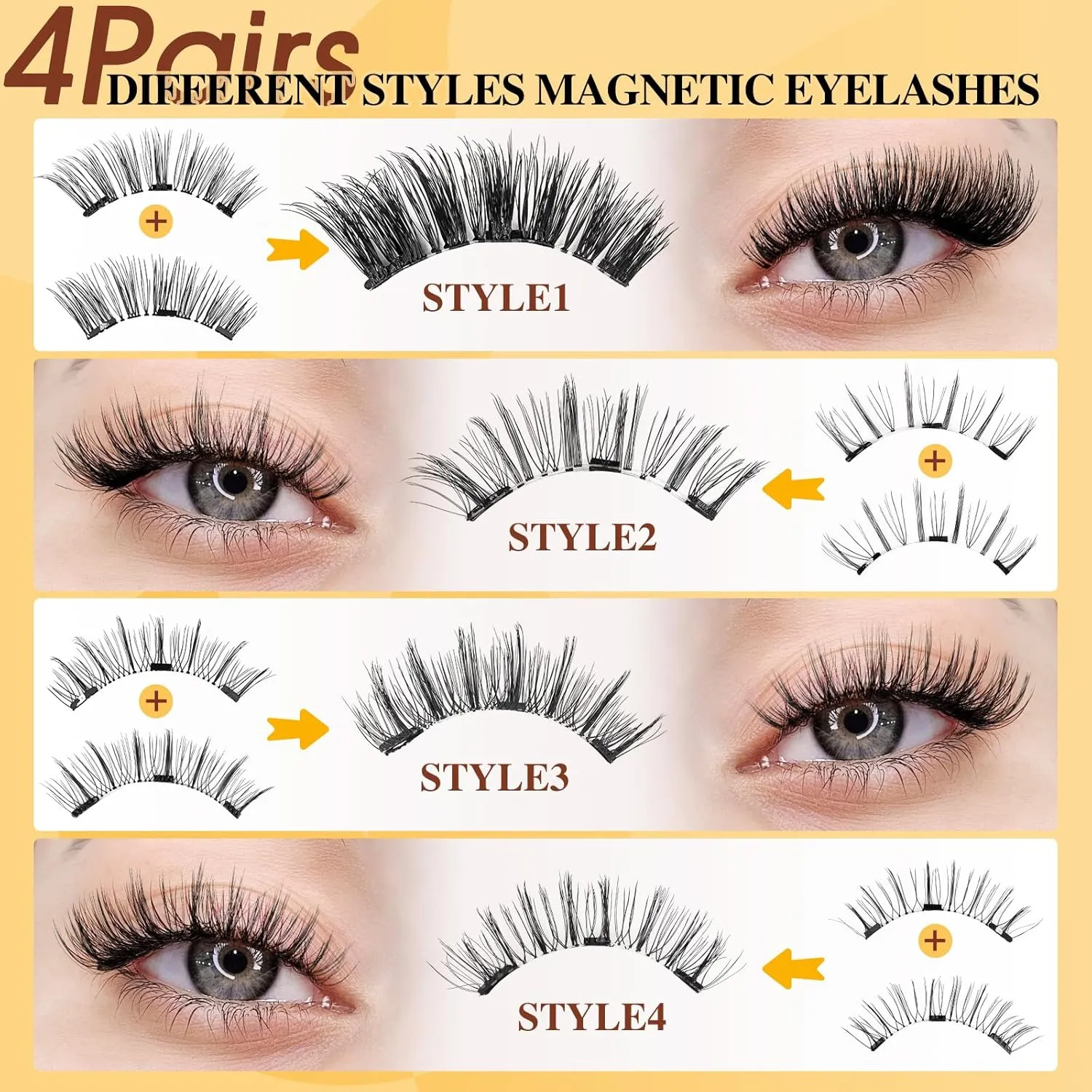 QUEWEL 4 Pairs Magnetic Eyelashes Natural Look, Reusable Magnetic Eyelashes with Applicator, No Glue Needed Lash Clusters Kit, Easy to Wear and Remove(4 Pairs-B01)