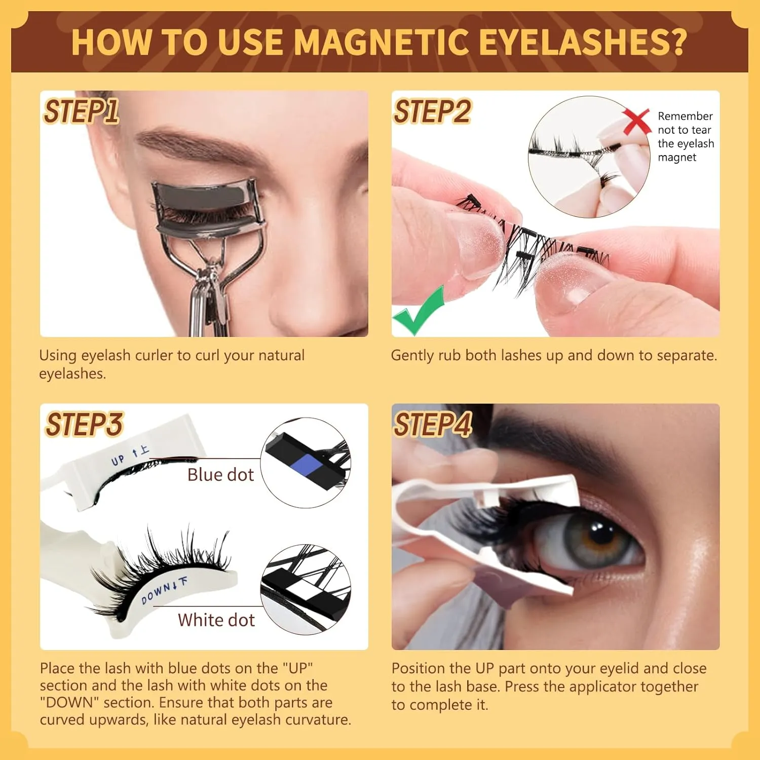 QUEWEL 4 Pairs Magnetic Eyelashes Natural Look, Reusable Magnetic Eyelashes with Applicator, No Glue Needed Lash Clusters Kit, Easy to Wear and Remove(4 Pairs-B01)