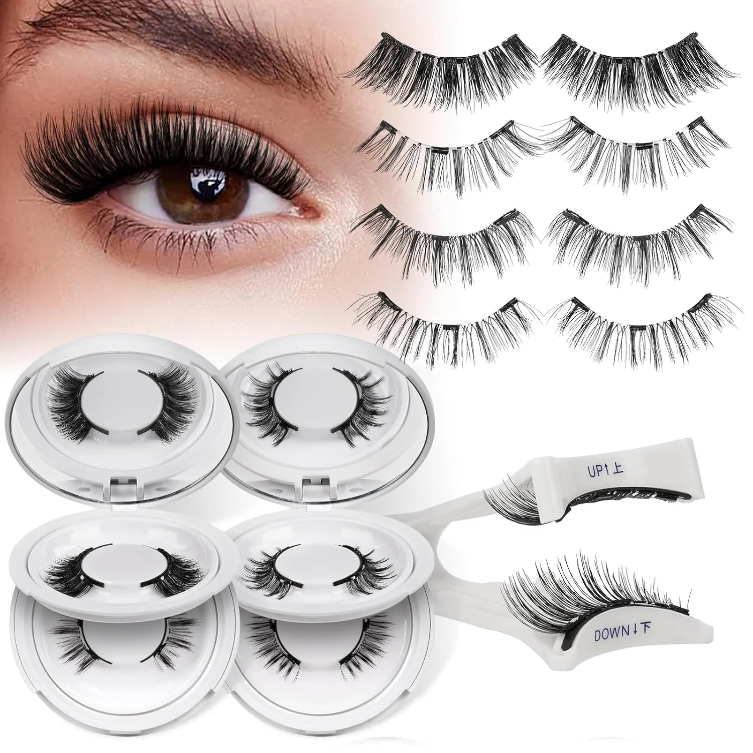 QUEWEL 4 Pairs Magnetic Eyelashes Natural Look, Reusable Magnetic Eyelashes with Applicator, No Glue Needed Lash Clusters Kit, Easy to Wear and Remove(4 Pairs-B01)