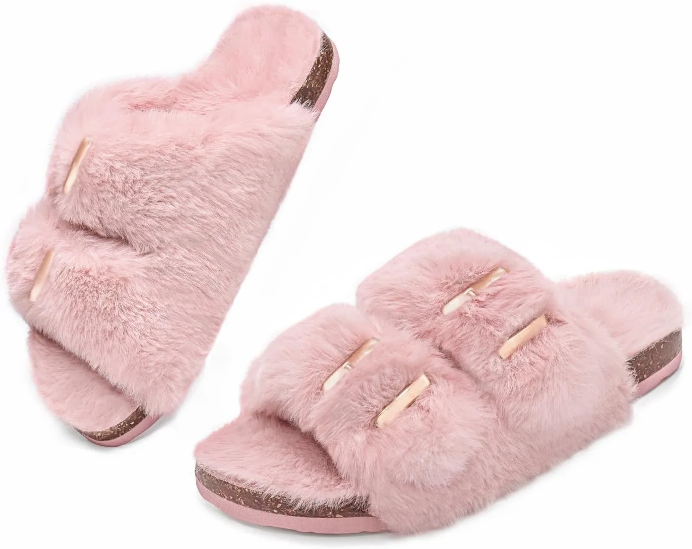 Rainlin Women's Fuzzy Slippers Comfy Cork Footbed Fluffy Slides Open Toe Indoor Outdoor House Shoes with Arch Support
