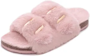 Rainlin Women's Fuzzy Slippers Comfy Cork Footbed Fluffy Slides Open Toe Indoor Outdoor House Shoes with Arch Support
