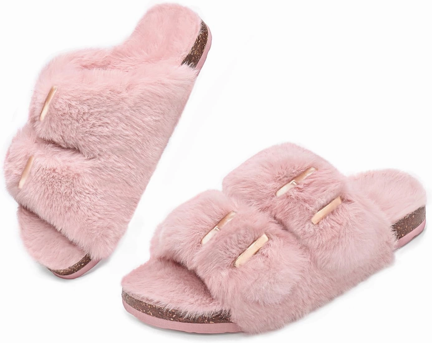 Rainlin Women's Fuzzy Slippers Comfy Cork Footbed Fluffy Slides Open Toe Indoor Outdoor House Shoes with Arch Support