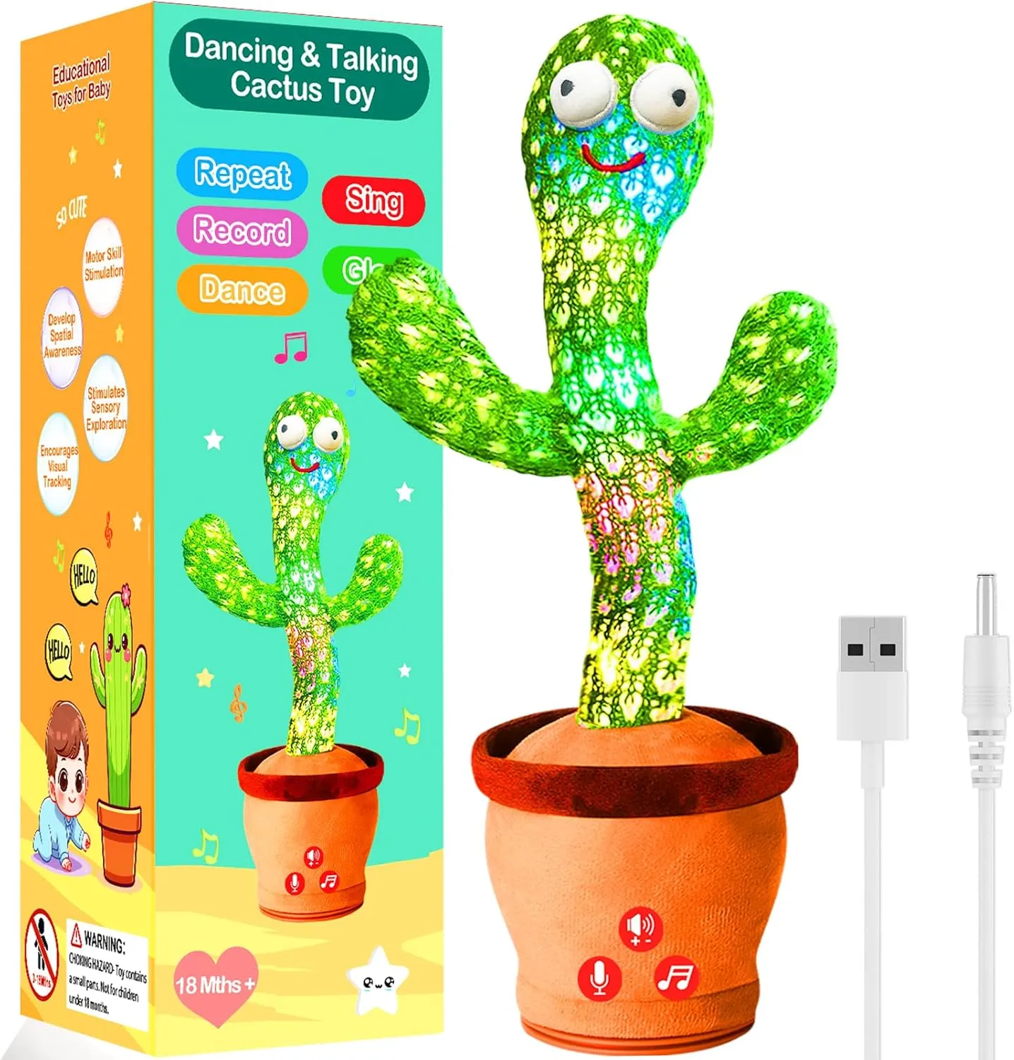 Rechargeable Dancing Talking Cactus Toy with Adjustable Volume, Interactive Cactus Baby Toys for 6-18 Months , Upgraded Safe and Secure Plush Eyes Baby Toys, Birthday Gifts for Babies