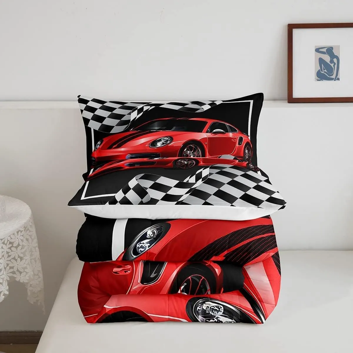 Red Race Car Comforter Set King Size,Black White Plaid Dynamic Bedding Set 3pcs for Kids Children Boys Teens Room Decor,Extreme Sport Racing Quilt Set,Soft Stylish Duvet Insert with 2 Pillowcases