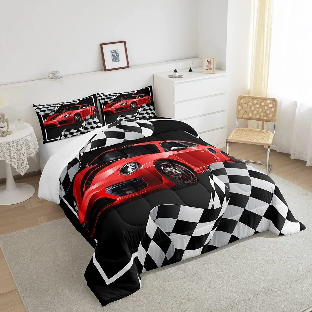 Red Race Car Comforter Set King Size,Black White Plaid Dynamic Bedding Set 3pcs for Kids Children Boys Teens Room Decor,Extreme Sport Racing Quilt Set,Soft Stylish Duvet Insert with 2 Pillowcases