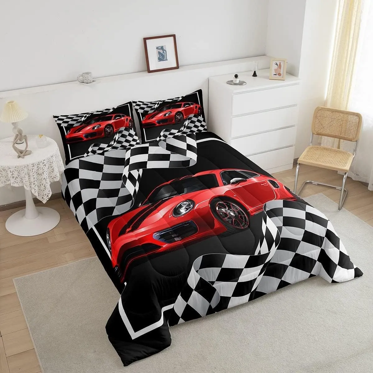 Red Race Car Comforter Set King Size,Black White Plaid Dynamic Bedding Set 3pcs for Kids Children Boys Teens Room Decor,Extreme Sport Racing Quilt Set,Soft Stylish Duvet Insert with 2 Pillowcases