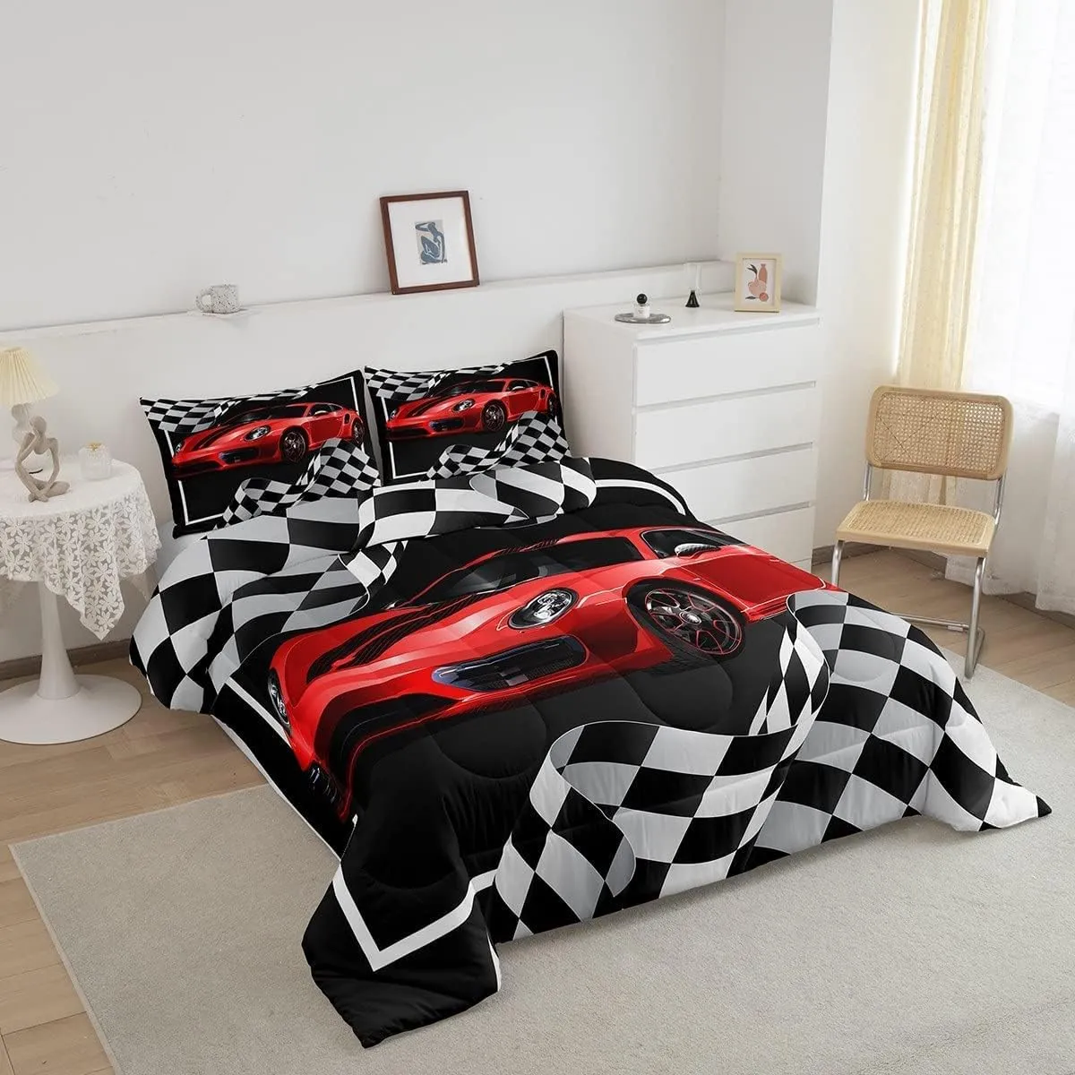 Red Race Car Comforter Set King Size,Black White Plaid Dynamic Bedding Set 3pcs for Kids Children Boys Teens Room Decor,Extreme Sport Racing Quilt Set,Soft Stylish Duvet Insert with 2 Pillowcases