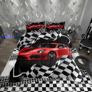 Red Race Car Comforter Set King Size,Black White Plaid Dynamic Bedding Set 3pcs for Kids Children Boys Teens Room Decor,Extreme Sport Racing Quilt Set,Soft Stylish Duvet Insert with 2 Pillowcases