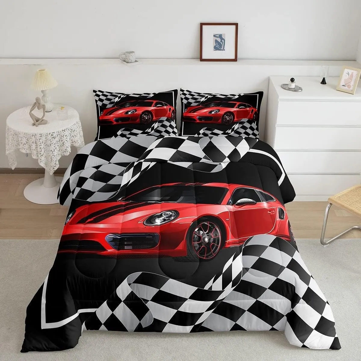 Red Race Car Comforter Set King Size,Black White Plaid Dynamic Bedding Set 3pcs for Kids Children Boys Teens Room Decor,Extreme Sport Racing Quilt Set,Soft Stylish Duvet Insert with 2 Pillowcases