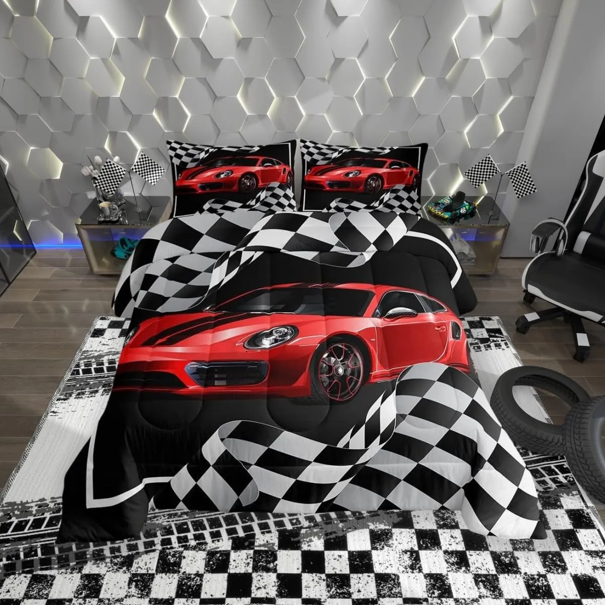 Red Race Car Comforter Set King Size,Black White Plaid Dynamic Bedding Set 3pcs for Kids Children Boys Teens Room Decor,Extreme Sport Racing Quilt Set,Soft Stylish Duvet Insert with 2 Pillowcases