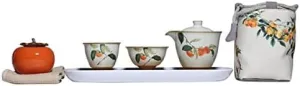 Retro Khaki Tea Set, Ceramic Tea Set with 1 Teapot, 2 Cups, 1 Box, 1 Tea Tray and 1 Cloth Bag, Portable Travel Tea Set