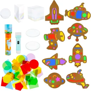 Rileryan 60 PCS Optics Set Prism Convex Concave Lens Space DIY Cardboard Paper Colored Cellophane Sheets Pattern Shapes for Light Table Physics Optical Experiment Kit Light Rainbows for Photography