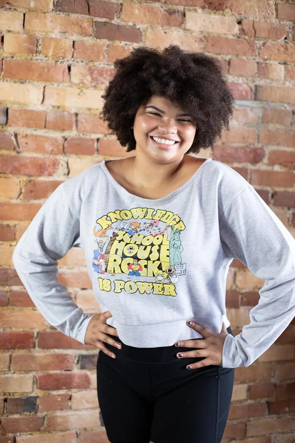 Ripple Junction Schoolhouse Rock Women's Crop Top Long Sleeve Sweatshirt Knowledge is Power Nostalgia Officially Licensed