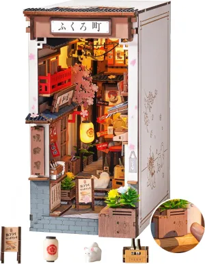 ROBOTIME Book Nook Kit DIY Miniature House Kit for Adults 3D Wooden Puzzle Bookends Bookshelf Diorama Insert Dollhouse Creative Decorative Unique Gifts for Teens and Beginners (Sakura Wine Alley)