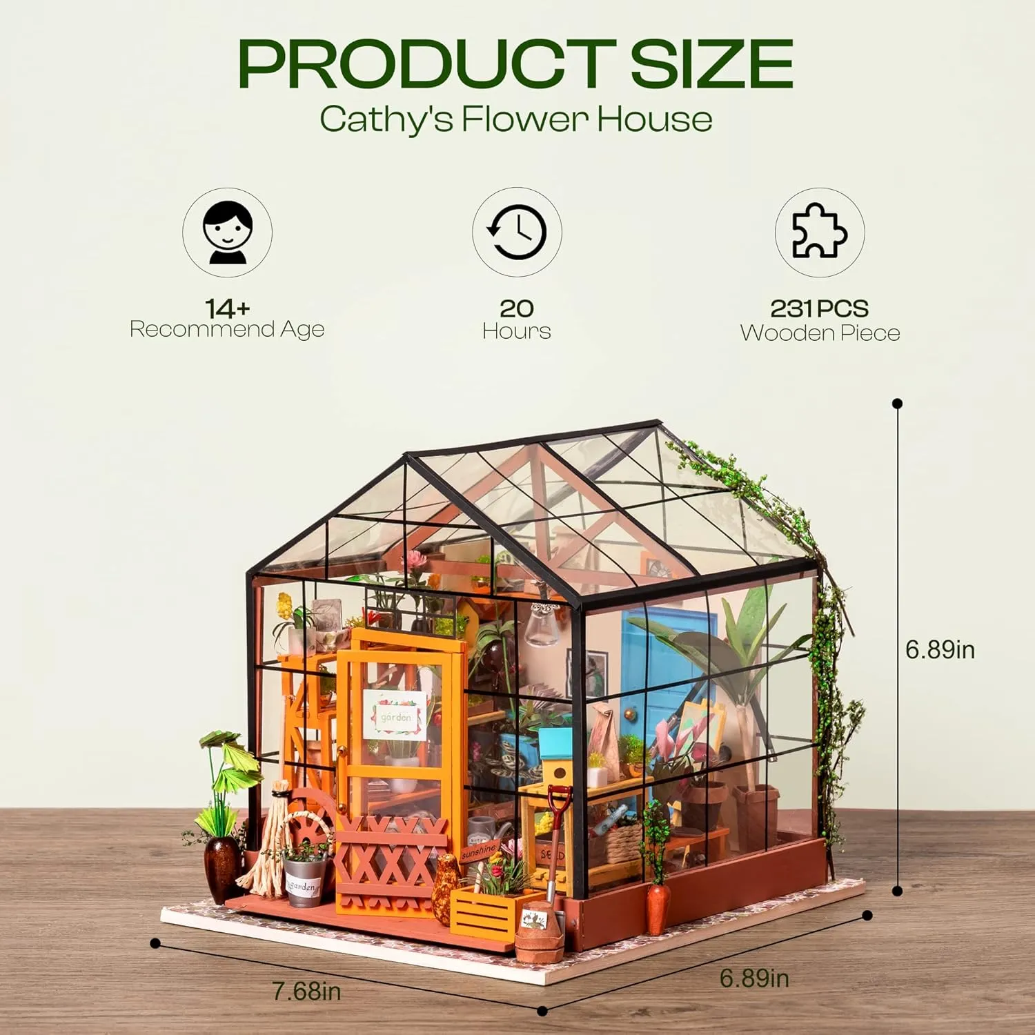ROBOTIME DIY Miniature House Kit Mini Green House Tiny Dollhouse Wooden Furniture Kit with LED Halloween/Christmas/Birthday Gifts for Adults (Cathy's Greenhouse)