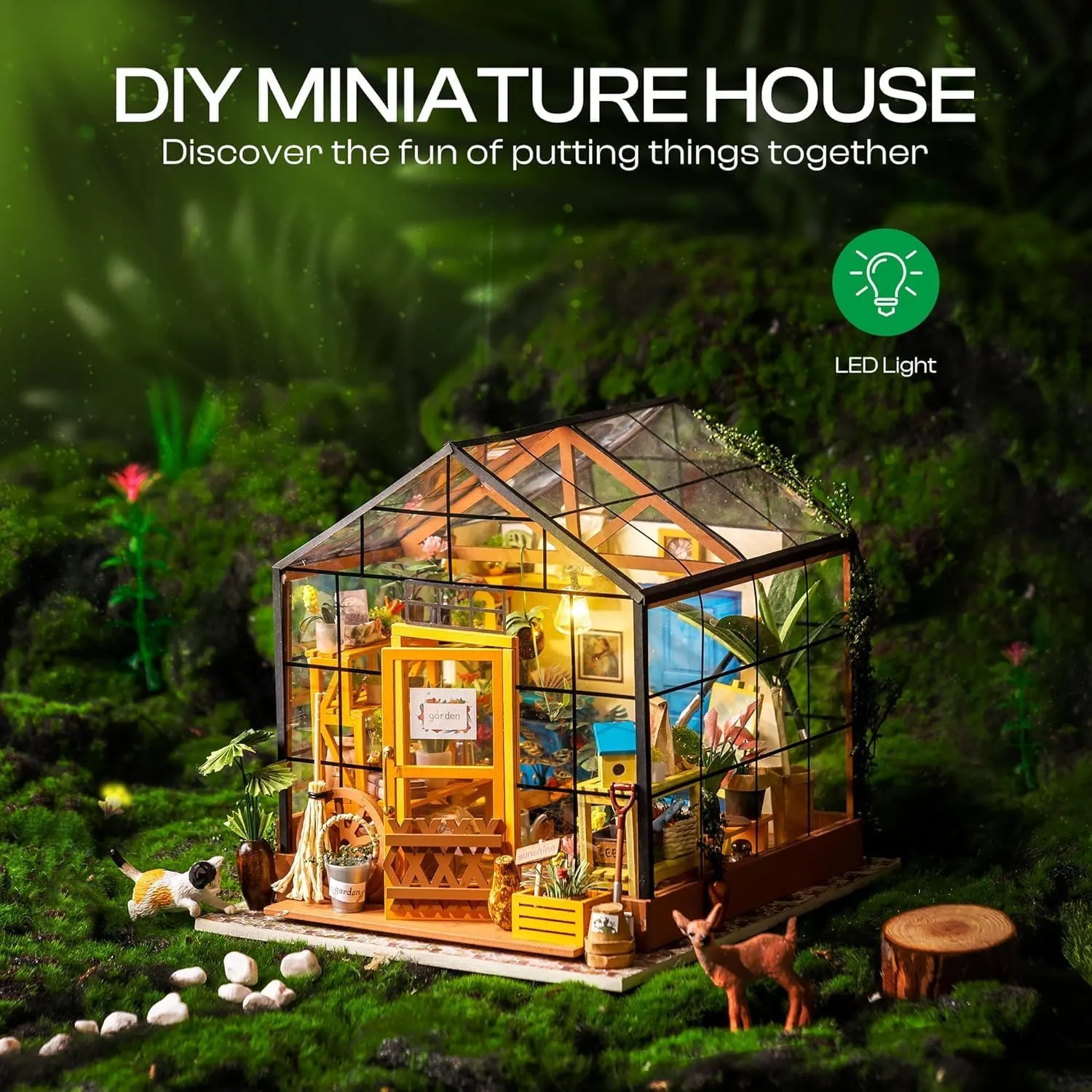 ROBOTIME DIY Miniature House Kit Mini Green House Tiny Dollhouse Wooden Furniture Kit with LED Halloween/Christmas/Birthday Gifts for Adults (Cathy's Greenhouse)