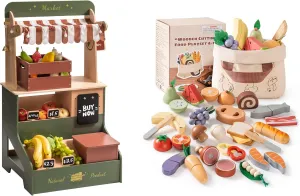 ROBOTIME Wooden Grocery Store Playset with Play Food 4-in-1 Cutting Set, Pretend Play Toy Food for Play Kitchen with Shopping Bag- Realistic Pretend Play Set with Lights, Chalkboard, Gift for