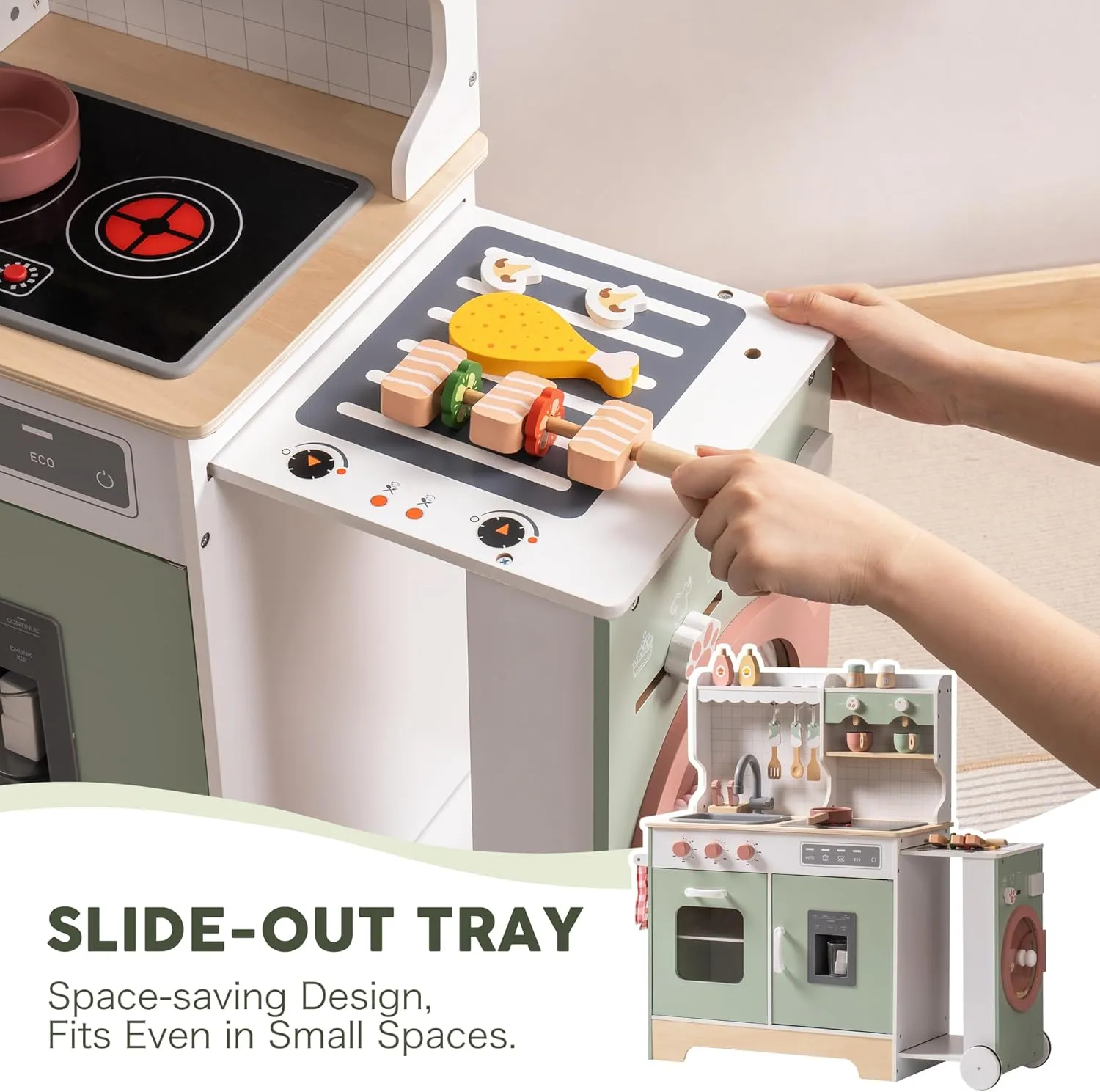 ROBOTIME Wooden Play Kitchen for Kids, Pretend Kitchen Set with Ice Maker, BBQ, Lights & Sounds, Toy Kitchen for Toddlers Ages 3 , Kitchen for Boys and Girls