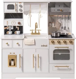 ROBUD Play Kitchen for Kids, Wooden Play Kitchen Set with Plenty of Realistic Play Features, Toy Kitchen with Ice Maker, Coffee Machine, Oven, Cabinet, Microwave, Utensils, Gift for Ages 3 , White