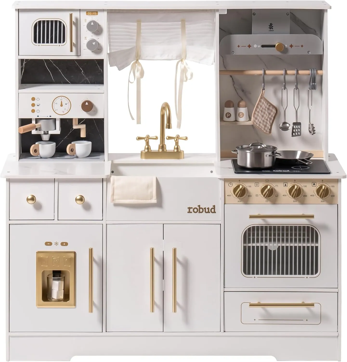 ROBUD Play Kitchen for Kids, Wooden Play Kitchen Set with Plenty of Realistic Play Features, Toy Kitchen with Ice Maker, Coffee Machine, Oven, Cabinet, Microwave, Utensils, Gift for Ages 3 , White