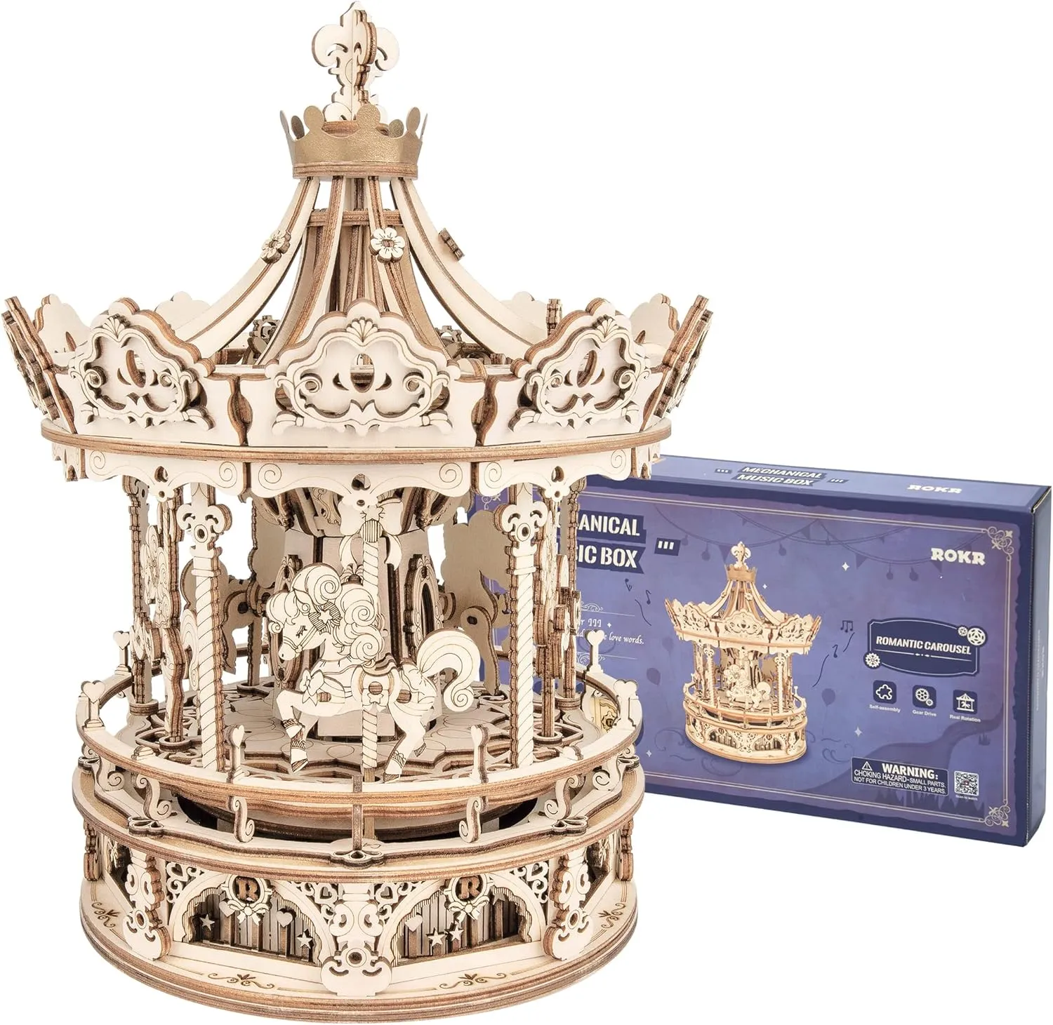 ROKR 3D Wooden Puzzle Carousel Model Building Kits Rotating 5-Horses Music Box Christmas Birthday Gift for Kids Girls Daughter Wife Girlfriend