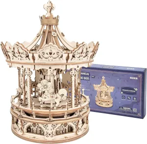ROKR 3D Wooden Puzzle Carousel Model Building Kits Rotating 5-Horses Music Box Christmas Birthday Gift for Kids Girls Daughter Wife Girlfriend