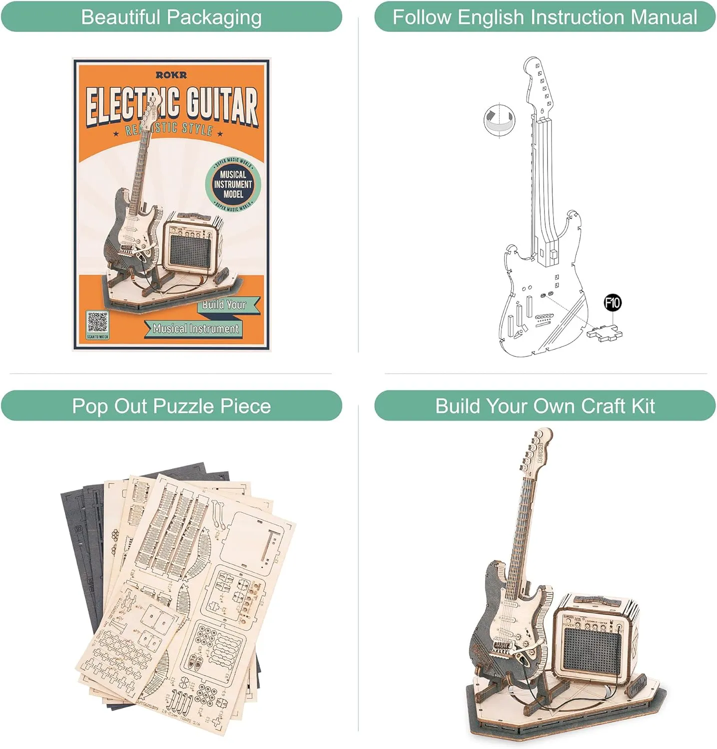 ROKR Wooden 3D Puzzles for Adults Guitar, Musical Instrument Model Kit 3D Puzzles for Teens and Kids to Build, Desk Decor/DIY Hobbies/Gifts for Family and Friends (Electric Guitar)