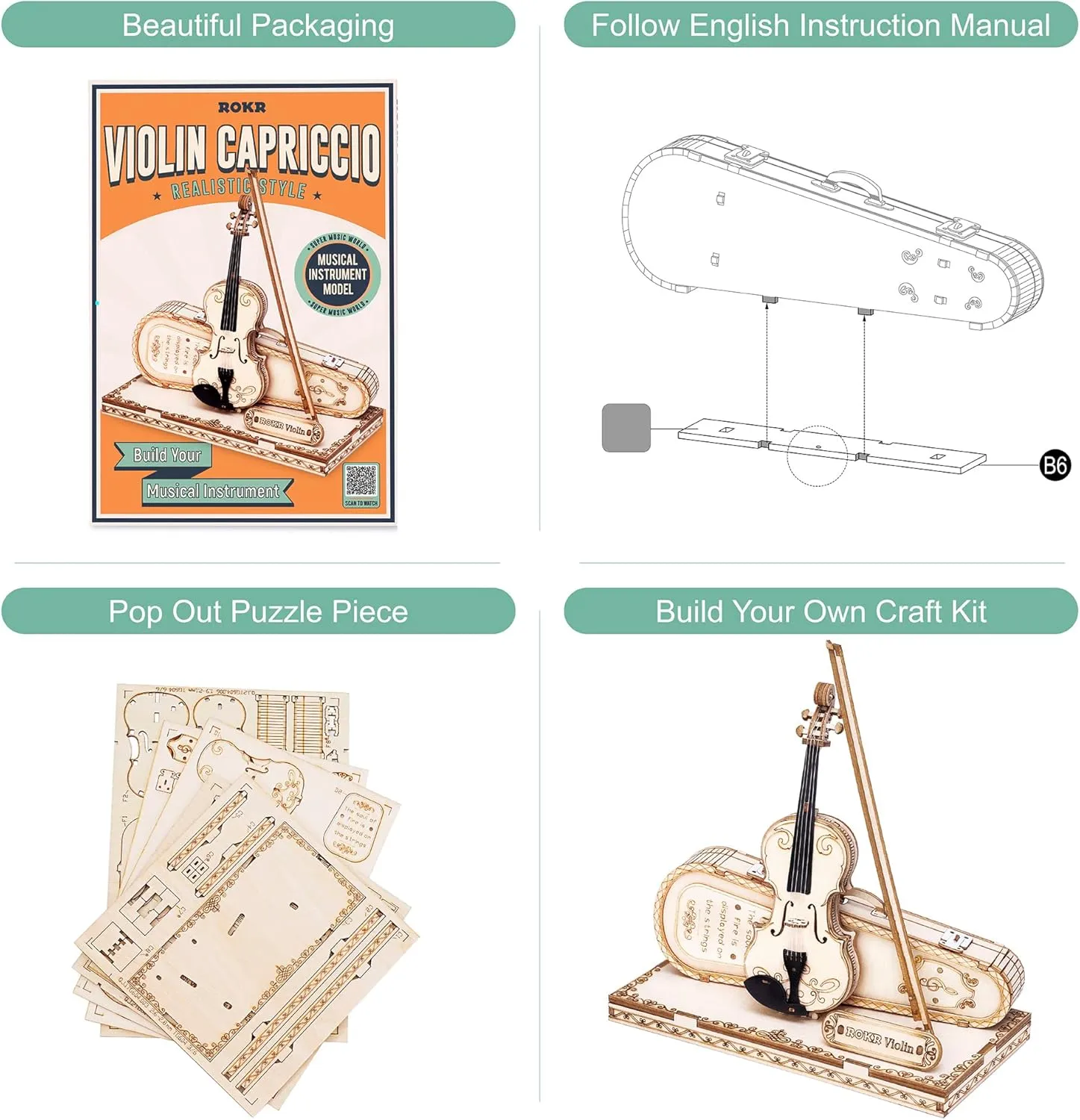 ROKR Wooden 3D Puzzles for Adults Violin, Musical Instrument Model Kit 3D Puzzles for Teens and Kids to Build, Desk Decor/DIY Hobbies/Gifts for Family and Friends (Violin)