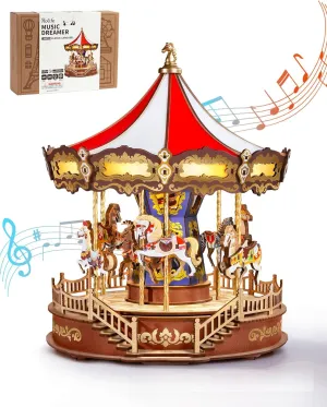 Rolife DIY 3D Wooden Puzzle for Adults, Classic Carousel Wood Puzzle Music Boxes, for Princess Girls Teens, Creative Hobbies Crafts Toys Model Building Kits