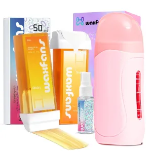 Roll on Wax Kit - Easy Use Wax Roller Kit with 4-6 Weeks Smooth Skin,Hair Remover for Larger Areas of the Body, Beginner-Friendly,with 50 Pcs Strips and 2 wax roller（Honey)