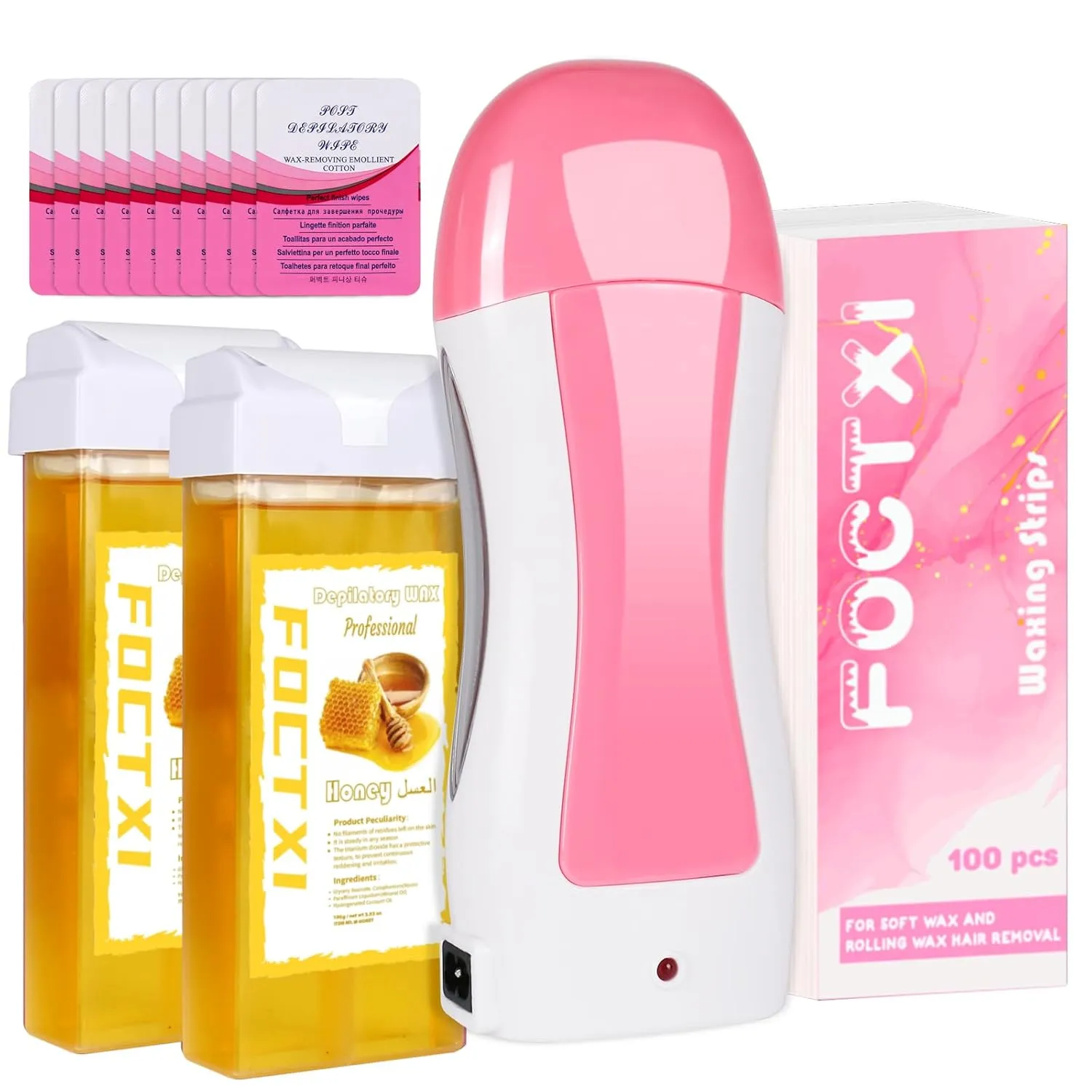 Roll On Wax kit, Wax Roller Kit for Women Hair Removal with 2 Cartridge, 100 Non-Woven Strips & 10 Wipes, Hair Removal for Legs