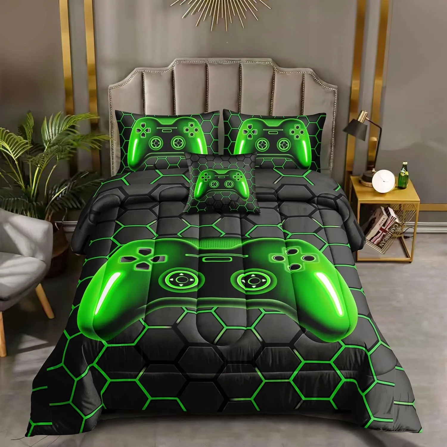 ROWADALO 5 Pieces Bed in A Bag Gamer Bedding Set for Boys Kids Adult Gaming Comforters Set,Boys Bed in A Bag Set Twin Size Comforter with Fitted Sheet Flat Sheet Pillowcase pillowsham,DJTH5026Twin