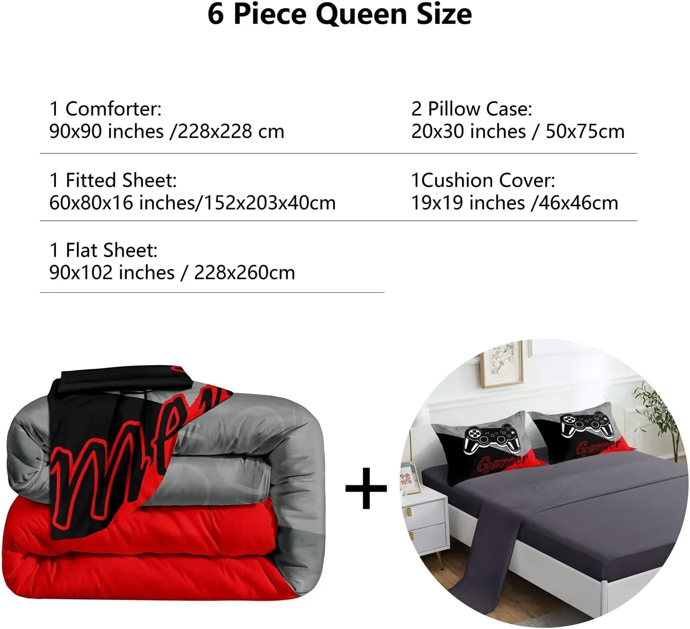 ROWADALO 6 Pieces Gaming Bedding Set for Boys Teen Gamer Comforter Set Queen Size,Game Controller Comforter for Kids Adult 3D Gamepad Microfiber Bedding Sets 5 Pieces Bed in A Bag Sets H5003,Queen